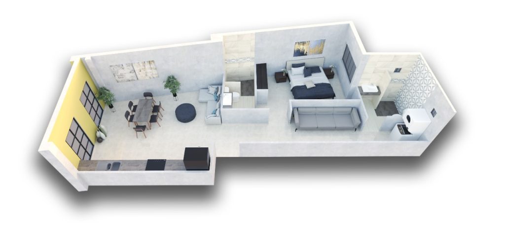 Isometric floor plan of Residence 201 at Villa Vicario — 80 m2 / 861 sq ft, one bedroom plus study, Historic Center Mazatlán